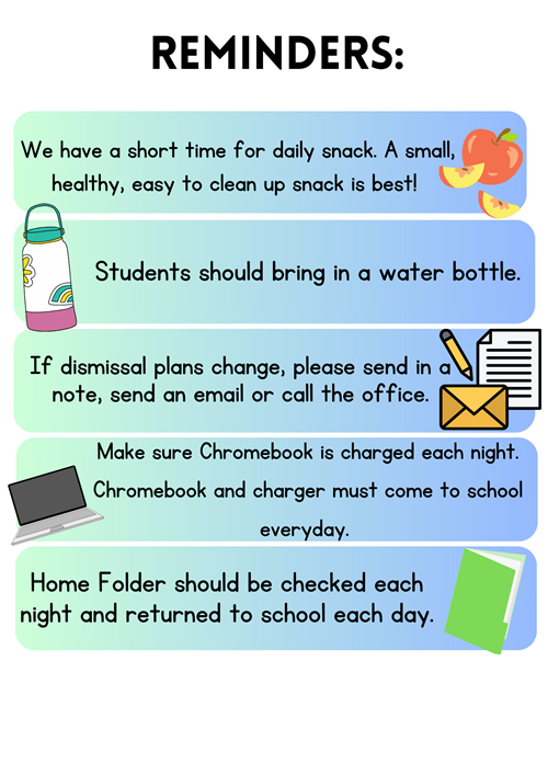 We have a short time for daily snack a small healthy easy to clean up snack is best students should bring in a water bottle 